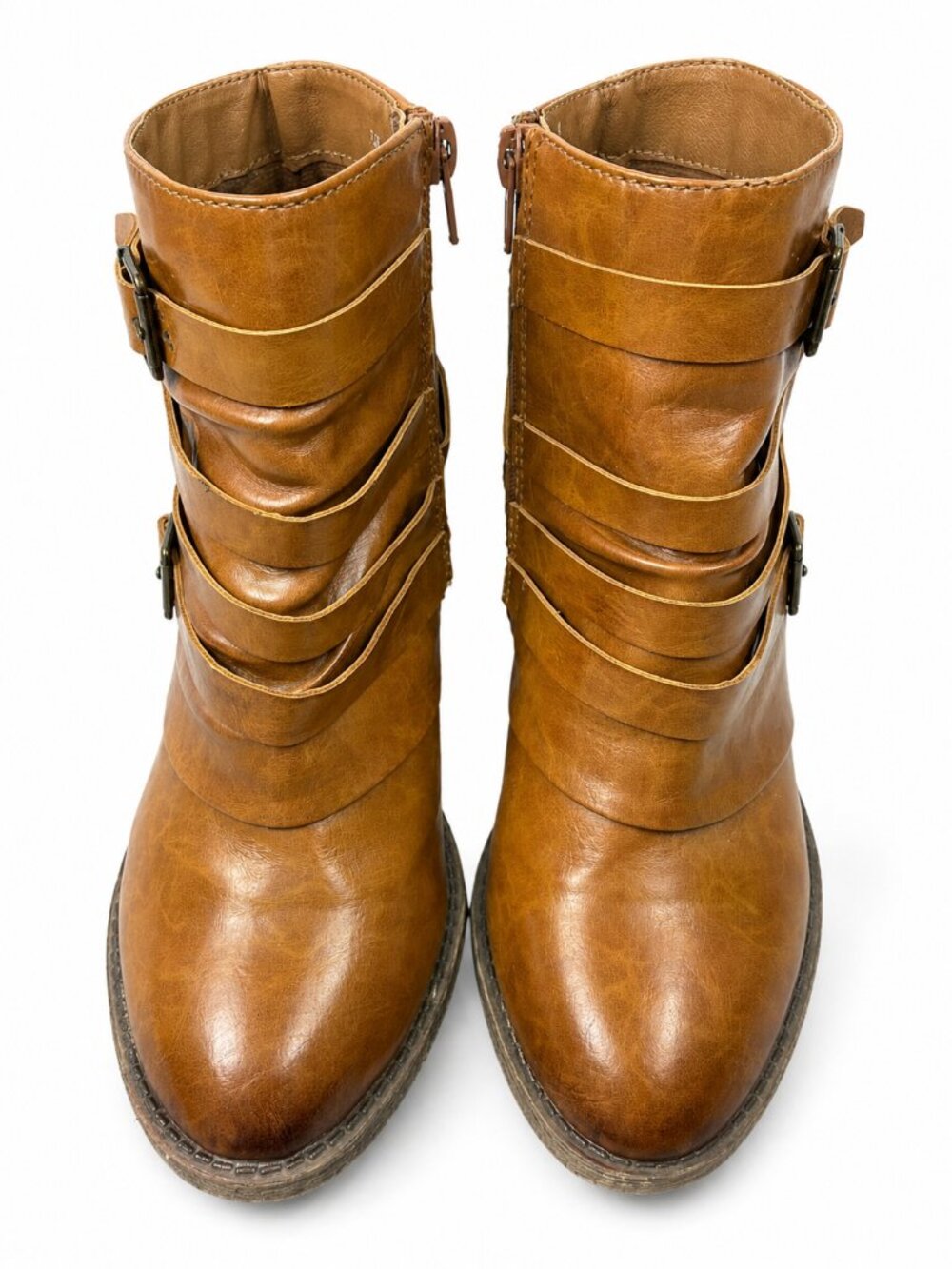 Cognac Brown Ankle Boots 7.5 Boho Moto Buckle Block‎ Heel Booties - Picture 6 of 9